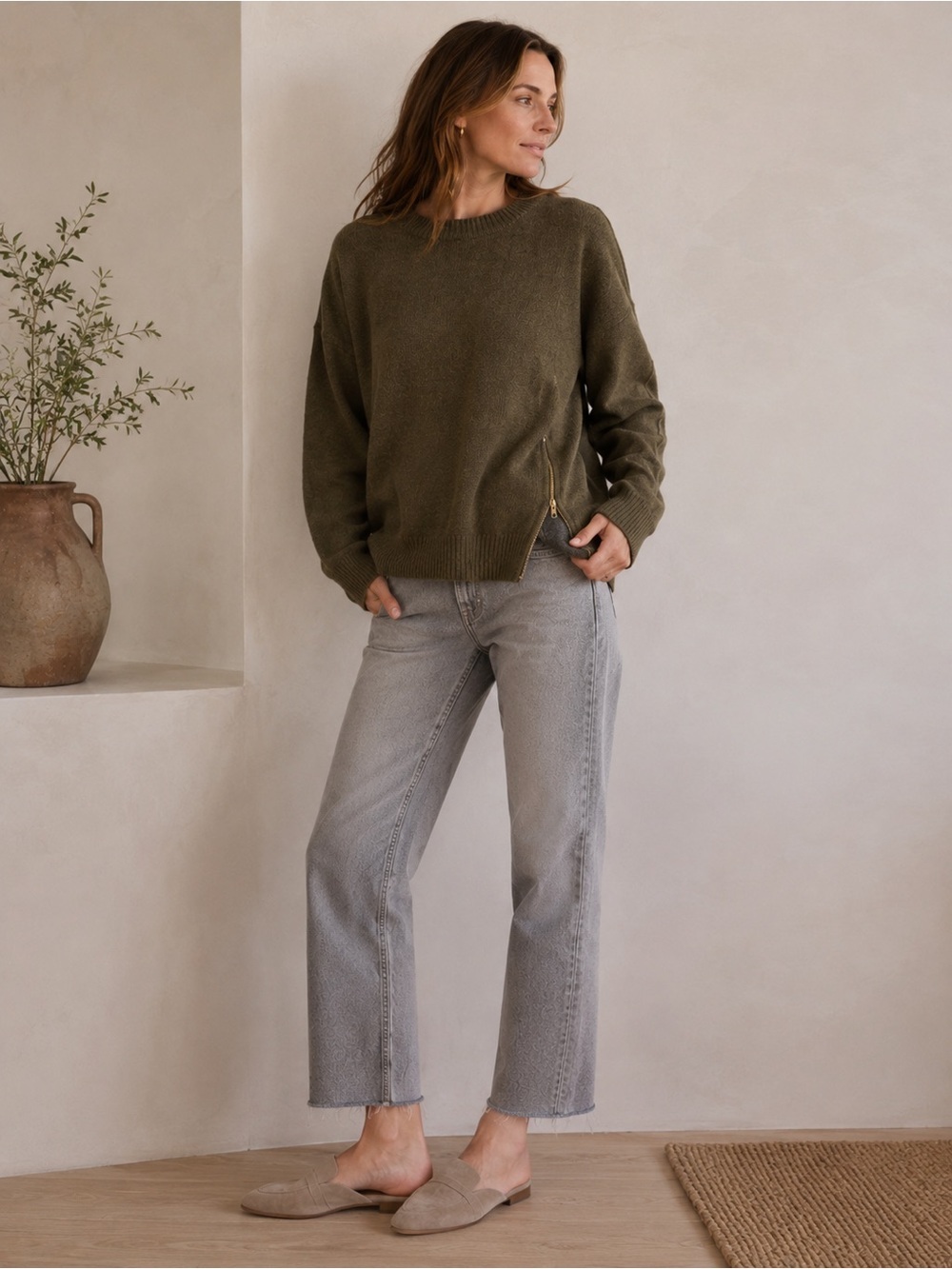 J. Crew Wool Crew Neck Sweater- Gold Zipper Accent-  Oversized Small